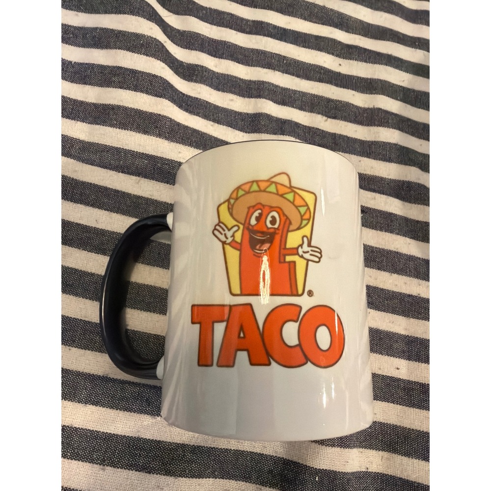 Taco Mascot Coffee Mug White Ceramic Black Handle Vintage Style